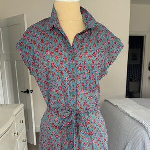 Shade Armour Short-Sleeved Belted Floral Dress Sea Green Pink Red Size S